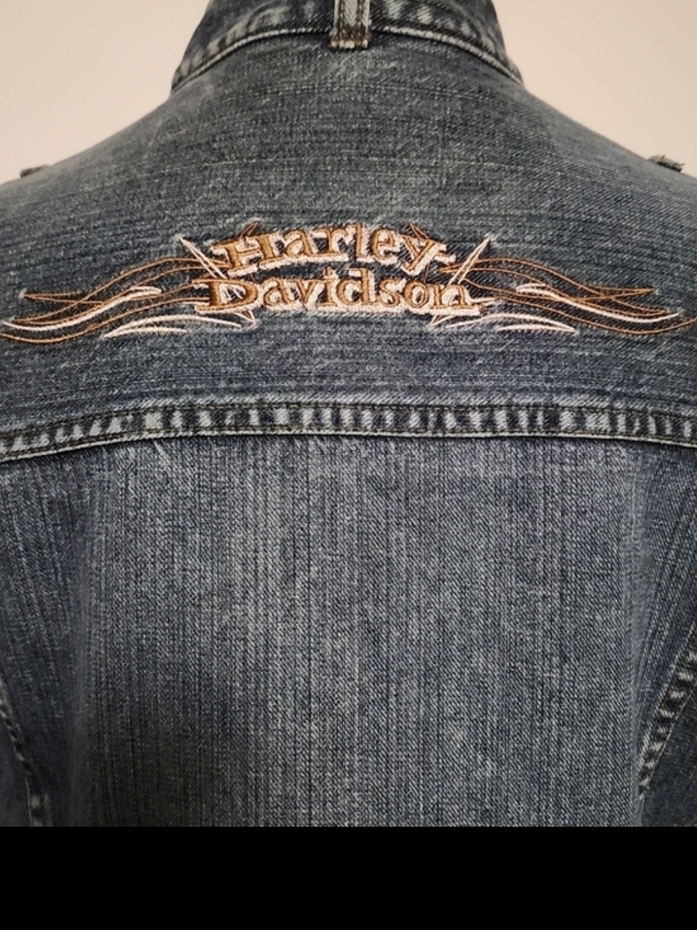 Harley-Davidson Denim Jacket Large Embroidered Logo Leather Trim Snap Front Zip - Picture 16 of 16